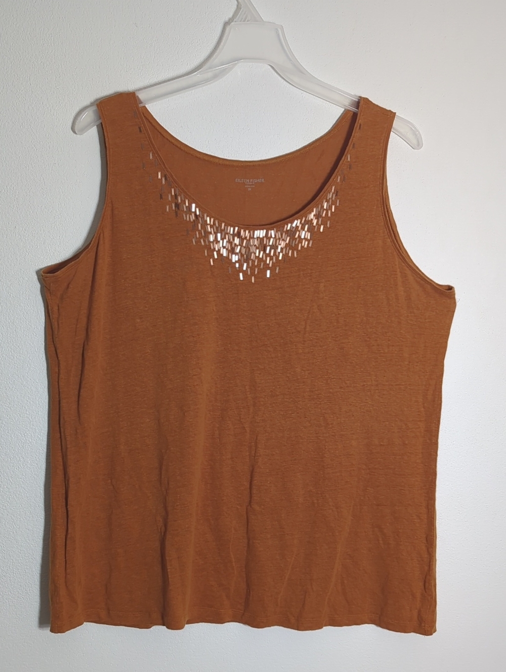 Eileen Fisher Womens Tank Top 100% Linen Sequins Quiet Luxury Burnt Orange 2X